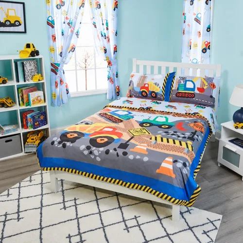 EVERYDAY KIDS Edredón de cama tamaño individual/matrimonial para niños pequeños con camiones volquete y excavadoras; ropa de cama para niños