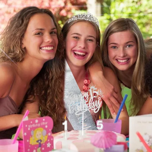 Miniatura 5 de Decoraciones de cumpleaños número 15 para niñas, incluyendo tiara de corona de diamantes de imitación, banda con purpurina, adorno para pastel