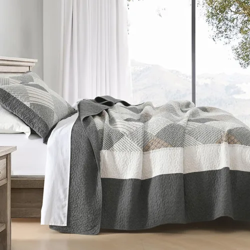 Miniatura 9 de Finlonte Colcha Tamaño King 100% Algodón Ligera Suave Colcha King de Patchwork Real a Cuadros Acolchada Cubrecama Marrón Beige Gris Colcha