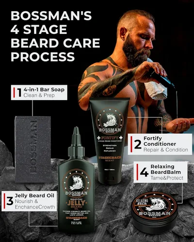 Miniatura 6 de Bossman Kit completo de gelatina de aceite para barba para hombre, acondicionador de ducha fortificante, bálsamo, cera de bigote y peine, suavizante