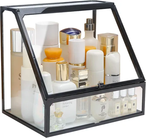 Miniatura 5 de MOOCHI Organizador de maquillaje cosmético de vidrio vintage negro con 3 cajones, juego de polvo impermeable para cosméticos, vitrina