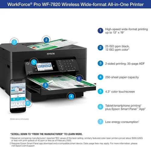 Miniatura 4 de Epson Workforce Pro WF-7820 Impresora inalámbrica todo en uno de gran formato con impresión automática de 2 caras de 13 x 19 pulgadas, copia