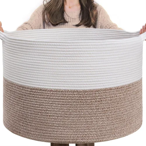 INDRESSME Cesta de Cuerda de Algodón XXXLarge 21.7" x 21.7" x 13.8" Cestas Tejidas para Ropa de Bebé Cestas de Mantas Cesta de Juguetes con Textura