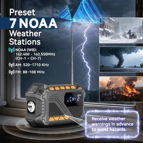 Miniatura 2 de VXF Radio de emergencia con manivela solar, radio meteorológica NOAA de 5000 mAh, radio portátil AM/FM/WB, linterna y alerta SOS para emergencia