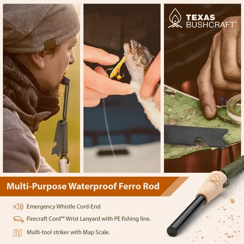 Miniatura 6 de Texas Bushcraft Arrancador de fuego, varilla de ferro de 3/8 pulgadas de grosor con golpeador y cordón de muñeca de paracaídas, encendedor