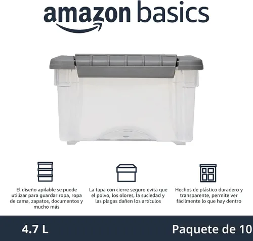 Miniatura 2 de Amazon Basics Contenedores de almacenamiento de plástico con tapas de cierre seguro, cubos organizadores apilables, transparente/gris, 5 cuartos