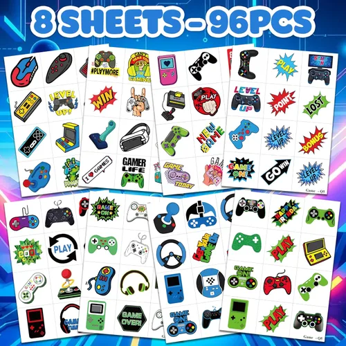 Miniatura 3 de 96 piezas de tatuajes temporales retro de píxeles para niños, decoración de fiesta de cumpleaños temática de videojuegos, suministros de decoración