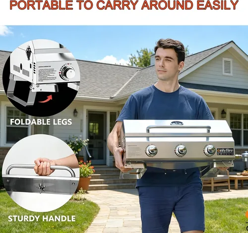 Miniatura 11 de Parrilla de Gas de Mesa 3 Quemadores, Parrilla de Propano Portátil para Barbacoa con Patas Plegables para Barbacoa al Aire Libre, Patio, Jardín