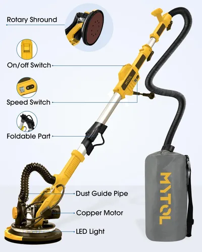 Miniatura 7 de Lijadora para Paneles de Yeso, MYTOL Lijadora Eléctrica de Pared de 7.2A con Recolección de Polvo al Vacío, 6 Velocidades Ajustables 900-1800 RPM