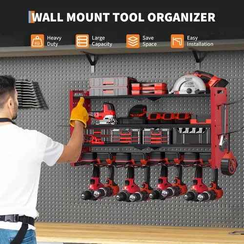 Miniatura 2 de GarveeTech Organizador de herramientas eléctricas, soporte de pared para taladro, estante de garaje resistente de 4 capas con cargas de metal de 400