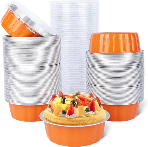 Miniatura 36 de Beasea Ramequines con tapas, 8oz 50 unidades de tazas de aluminio desechables para hornear, tazas de papel de aluminio plateado para creme brulee