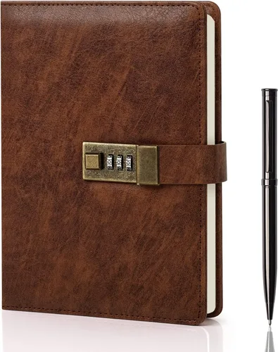 Miniatura 14 de WEMATE Diario con Cerradura, Diario A5 de Cuero PU con Cerradura 240 Páginas, Diario de Cerraduras Vintage, Cuaderno de Contraseña con Bolígrafo