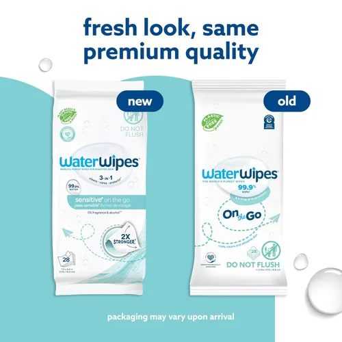 Miniatura 8 de WaterWipes Sensitive+ On The Go Wipes, 3 en 1 limpia, cuida, protege, 99.9% de agua, toallitas húmedas hipoalergénicas y sin perfume, 28