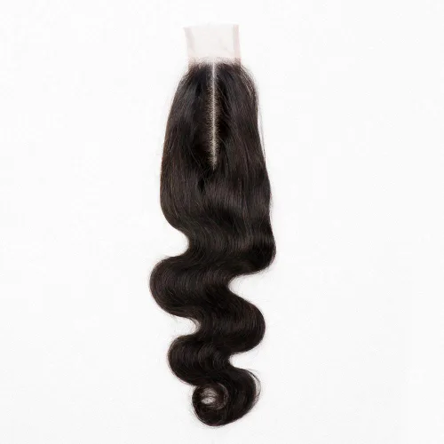 2 x 6 con cierre de encaje de raya profunda de cabello humano brasileño virgen Remy cierre de parte media con cabello de bebé, color natural (16