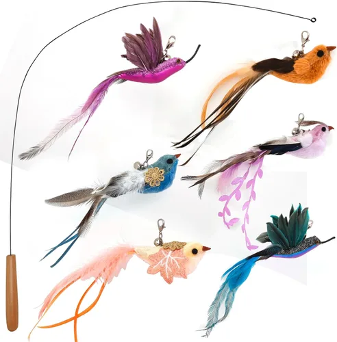 miwoowim Juguetes interactivos para gatos de interior, alambre de acero de 35 pulgadas y 6 repuestos de plumas para pájaros, juguete teaser, juguete