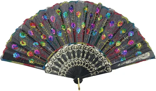 Miniatura 9 de InnoLife Elegante abanico de mano plegable con flores bordadas y patrón de pavo real con lentejuelas en tela artesanal (5 piezas, rojo)