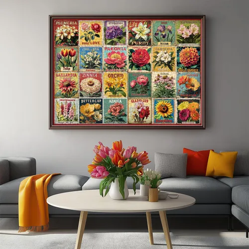 Miniatura 7 de Rompecabezas vintage de flores para adultos de 1000 piezas, rompecabezas de arte único y hermoso collage floral, con temática de plantas