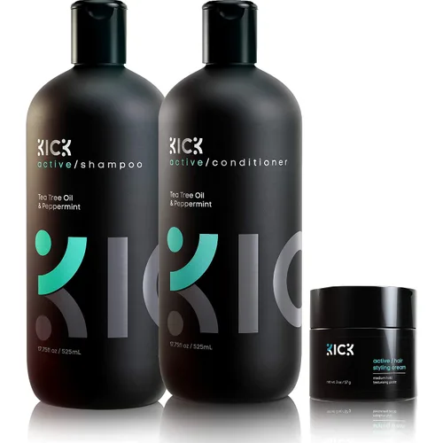 Kick Champú + acondicionador + crema de peinado para hombre – Paquete básico para hombre con picazón en el cuero cabelludo para caspa y