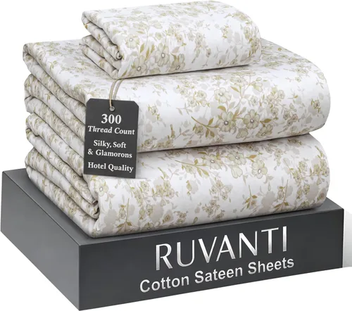 Miniatura 45 de RUVANTI Juego de sábanas de 100 % algodón tamaño matrimonial, tejido de satén suave y sedoso de 300 hilos, refrescante, ligero y transpirable, Beige
