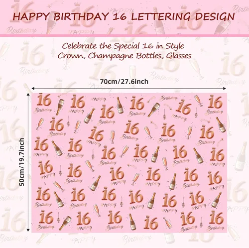 Miniatura 5 de Zayin Papel de regalo de cumpleaños número 16, 5 hojas de papel de regalo de feliz cumpleaños de 27.6 x 19.7 in, color oro rosa, para niñas