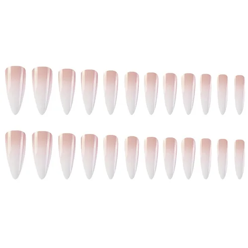 Miniatura 5 de Uñas postizas largas a presión estilo stiletto, uñas postizas francesas degradadas blancas, uñas postizas brillantes de cobertura completa
