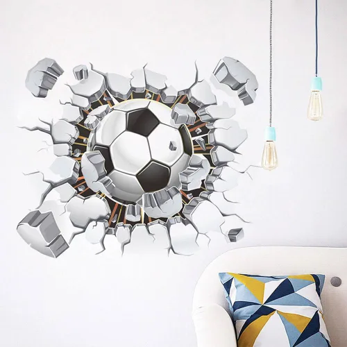 MQ - Adhesivos de pared rotos en 3D para el hogar, diseño de fútbol y fútbol, póster decorativo para habitación de niños, decoración de dormitorio