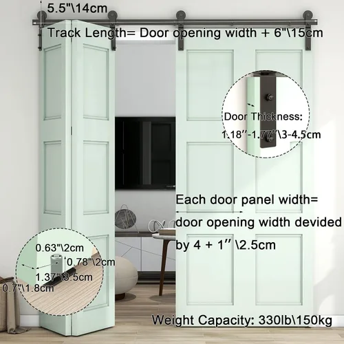 Miniatura 6 de CCJH Kit de riel deslizante para puerta de granero biplegable de 4 pies/48 pulgadas para 4 puertas de acero al carbono resistente