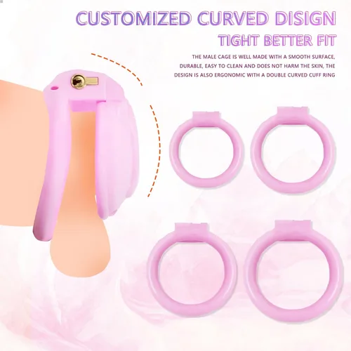 Miniatura 5 de AMAZBEE Jaula de castidad de mariquita rosa, jaula de castidad para adultos, dispositivo de castidad para adultos, con 4 anillos para el pene, jaula