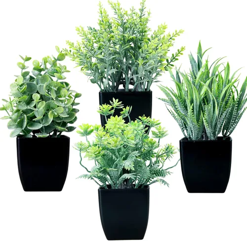 GREENTIME Paquete de 4 plantas falsas en maceta negra, pequeñas plantas artificiales de eucalipto en maceta, hierba de trigo, mini vegetación