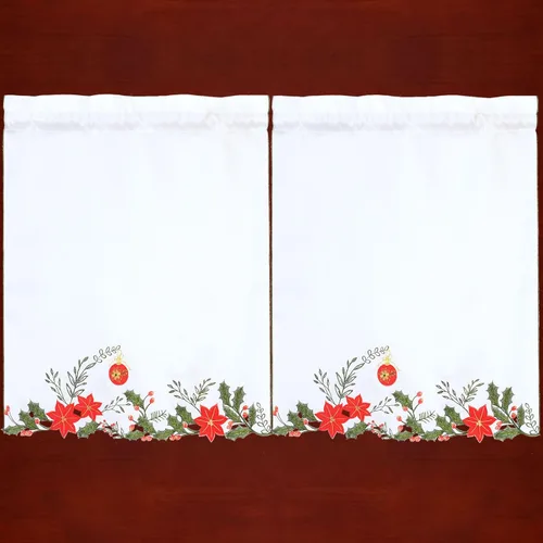Miniatura 4 de Juego de cortinas para ventana de cocina con bolsillo de varilla bordadas para las vacaciones de Navidad (Poinsettia B)