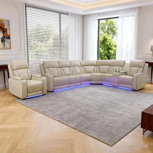 Miniatura 12 de Juego de sofá reclinable eléctrico, juegos de muebles de sala de estar, juego de sofá modular de cuero con luces LED, portavasos, consola