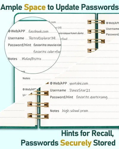 Miniatura 9 de WEMATE Libro de contraseñas con pestañas alfabéticas, libro en espiral para personas mayores, cuaderno de contraseñas de Internet, diario