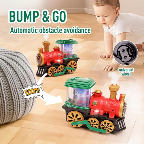 Miniatura 3 de Juguete eléctrico de tren de vapor para niños pequeños de 3 a 5 años, camión Bump and Go con locomotora de vapor, humo, luz y sonido, rotación
