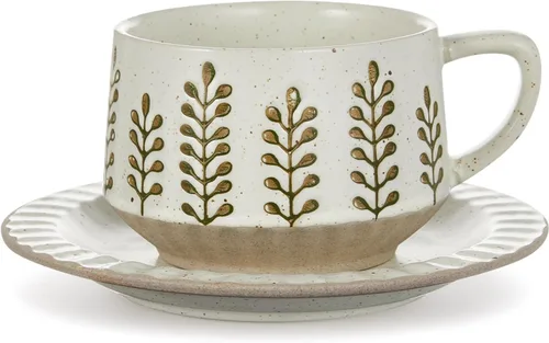 LemonRoad Juego de tazas de té y platillo vintage, tazas de café de porcelana de 10 onzas con platillo para café con leche, moca, capuchino, tazas