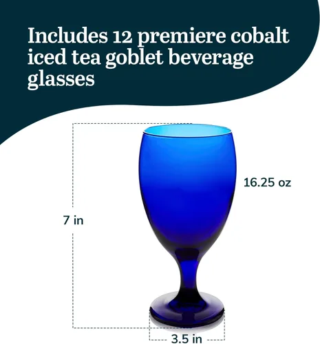 Miniatura 3 de Libbey Premiere - Vasos de té helado de cobalto, elegantes vasos de color azul cobalto, juego de 12, copas de agua con tallo aptos para lavavajillas