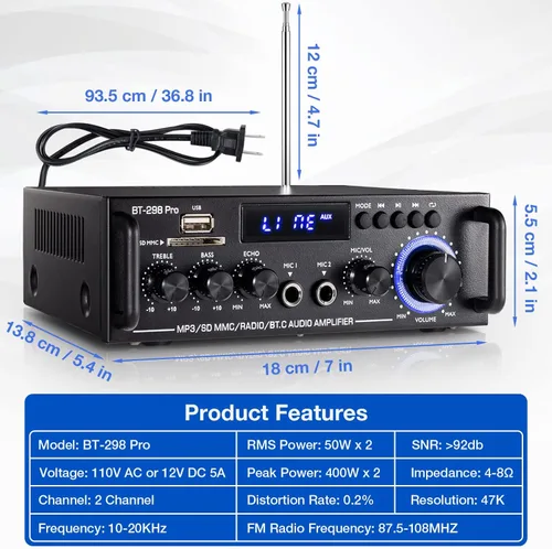 Miniatura 7 de Amplificador de audio estéreo 298Pro, máximo 400 W, amplificador de potencia inalámbrico Bluetooth 5.0 con Bluetooth 5.0, sistema de audio de cine
