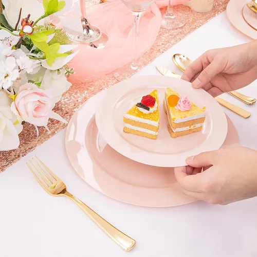 Miniatura 6 de FLOWERCAT 60 platos de plástico rosa, platos rosados resistentes desechables para fiestas de primavera y día de la madre/boda, para 30 invitados