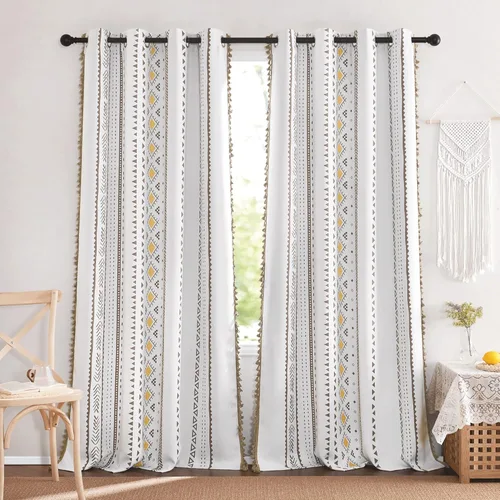 Miniatura 20 de NICETOWN Cortinas bohemias de lino transparente para sala de estar, cortinas semitransparentes de granja con patrón de rayas bohemias, cortinas Gris