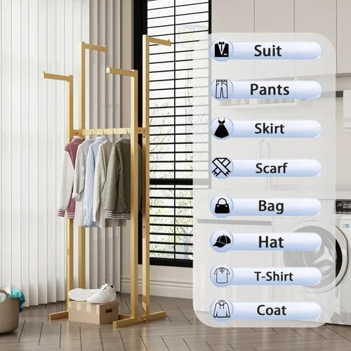 Miniatura 5 de Percheros Dorados para Ropa, Perchero de Metal con 4 Brazos Rectos, Perchero de Pie para Colgar Ropa Resistente, 46" a 63" de Altura Ajustable