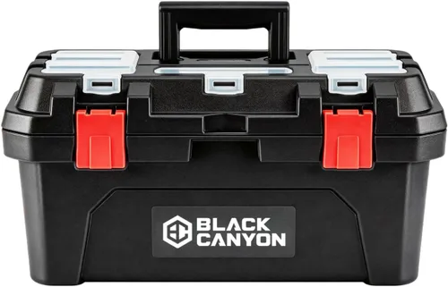 Black Canyon Caja de herramientas de plástico de 17 pulgadas, soporta hasta 44 libras, diseño de doble capa, flexible para apilar, almacenamiento de