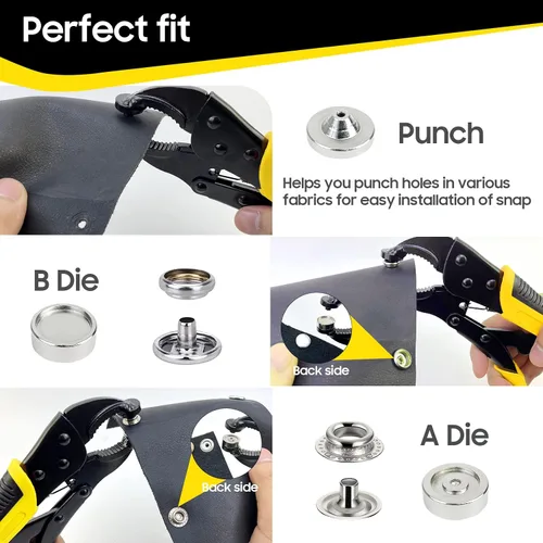 Miniatura 6 de Kit de herramientas de broche de presión resistente, función de punzonado, herramienta de botón a presión con ajustador, herramienta de broche de 15