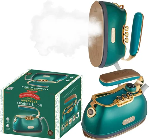 SALAV Retro Edition Duopress - Vaporizador y plancha de mano, placa de cerámica, 1000 W, vapor sin goteo, vapor vertical y horizontal, esmeralda,