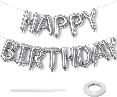 Cartel plateado de feliz cumpleaños – Globos de letras de papel de aluminio de Mylar de 16 pulgadas con cinta, globos autoinflables para mujeres y