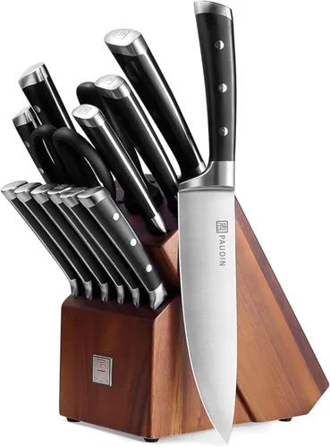 PAUDIN Juego de bloque de cuchillos, 15 piezas, con bloque, juego de cuchillos de cocina de acero inoxidable de alto carbono con afilador, juego de