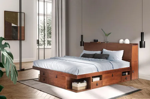 Miniatura 40 de Memomad Bali Slim Set: Plataforma de almacenamiento con cajones + Cabecero de panel plano (Tamaño completo, madera marrón roble)