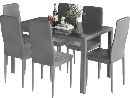 DKLGG Juego de mesa de comedor de 7 piezas para 6, mesa de cocina de vidrio templado con sillas de cuero PU, juego de mesa de comedor moderno para
