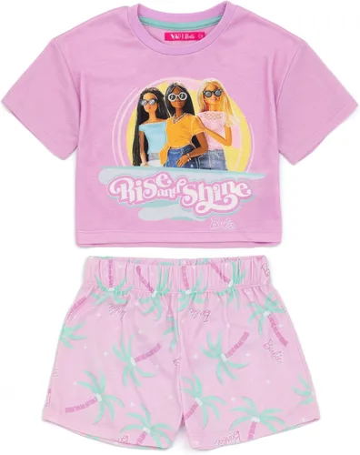Miniatura 3 de Barbie Pijama corto para niñas, diseño de muñeca rosa con estampado de levantamiento y brillo, pantalones cortos elásticos para dormir