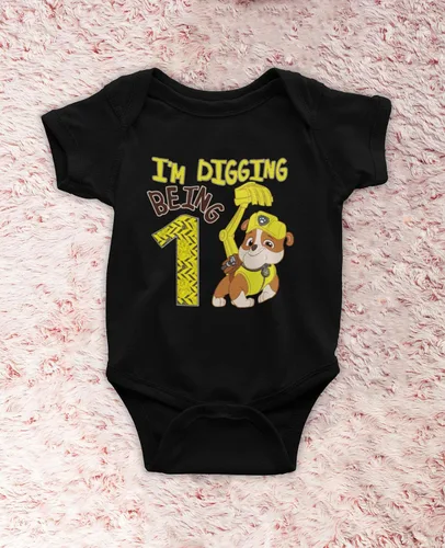 Miniatura 4 de Traje de 1er cumpleaños de Paw Patrol Rubble Boy I'm Digging Being 1 Baby Bodysuit
