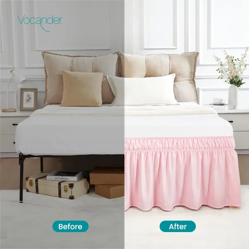 Miniatura 2 de Vocander Falda de Cama Rosa Tamaño Individual con Caída de 14 Pulgadas, Falda de Cama Elástica con Volantes Antipolvo, Fácil de Colocar, Faldas