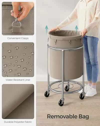 Miniatura 5 de SONGMICS - Cesta de lavandería de 29 galones (110 L) con ruedas, carrito rodante redondo resistente con marco de acero y bolsa extraíble, 2 ruedas
